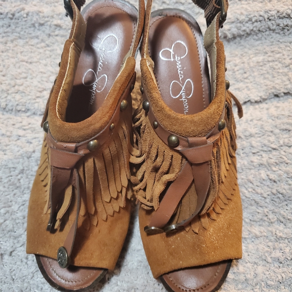 Jessica Simpson Brown Suede Fringe Peep-Toe Mules